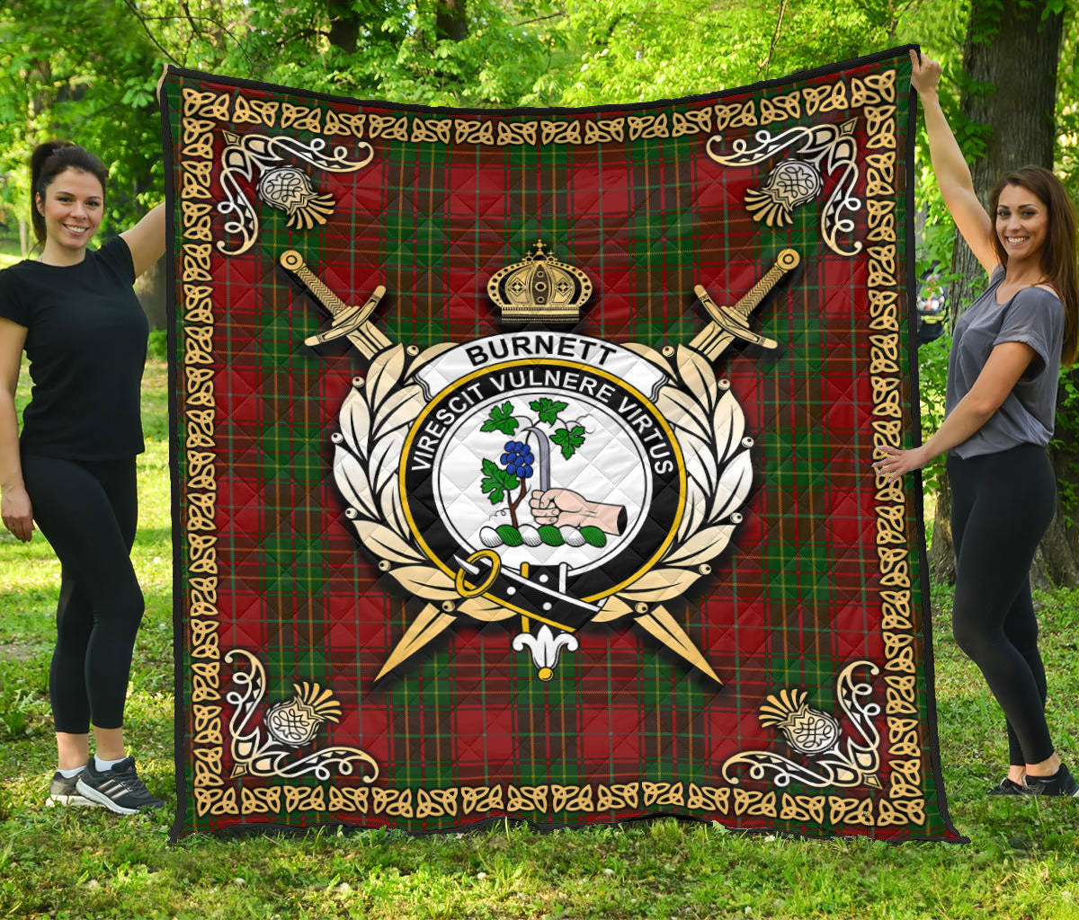 Burnett Tartan Crest Premium Quilt - Celtic Thistle Style