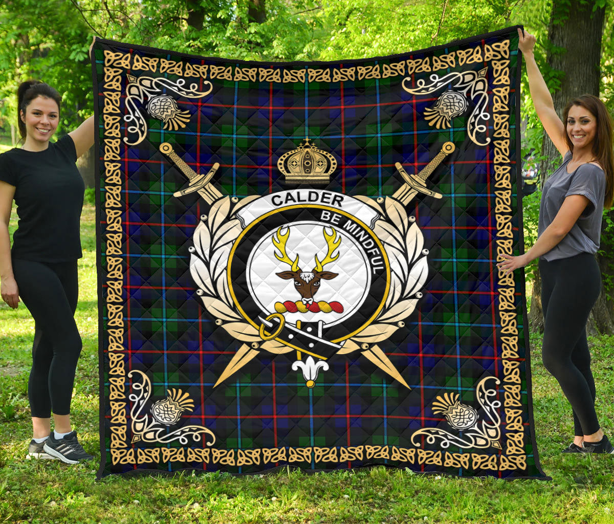 Calder Tartan Crest Premium Quilt - Celtic Thistle Style