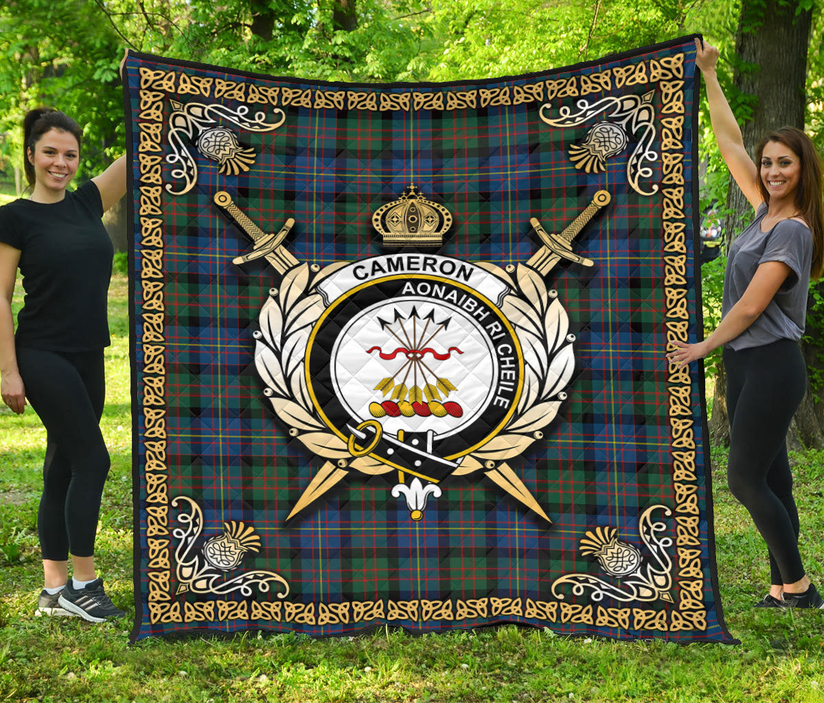 Cameron of Erracht Ancient Tartan Crest Premium Quilt - Celtic Thistle Style