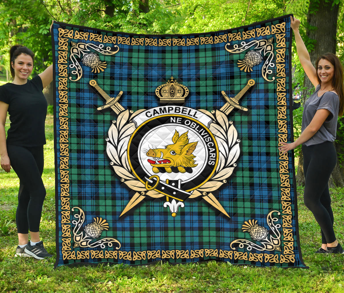 Campbell Ancient 01 Tartan Crest Premium Quilt - Celtic Thistle Style