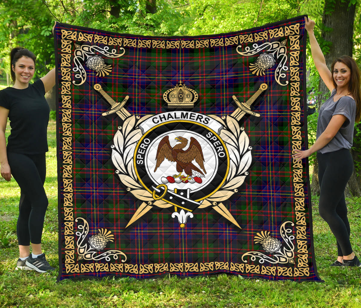 Chalmers (Balnacraig) Tartan Crest Premium Quilt - Celtic Thistle Style