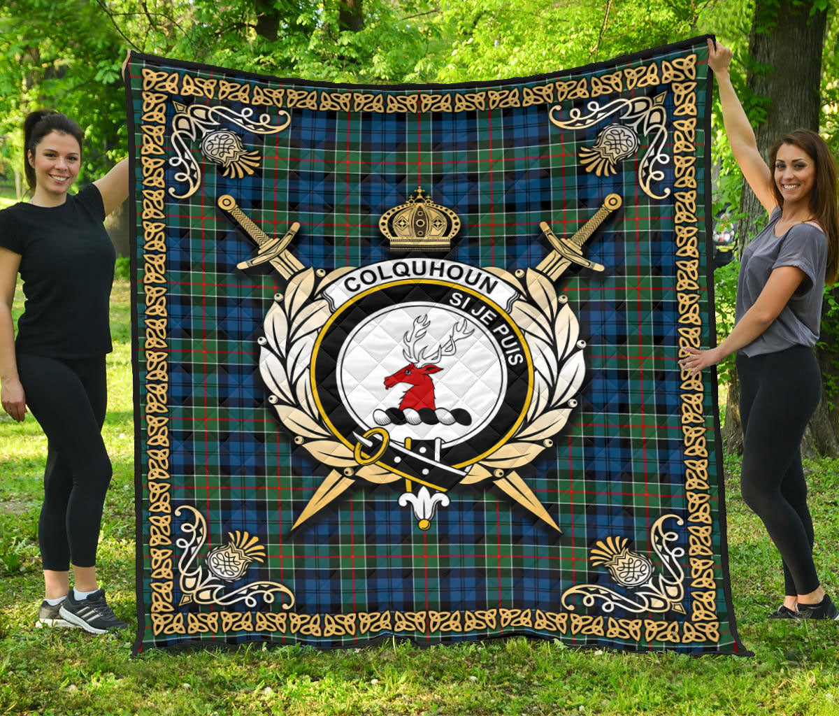 Colquhoun Ancient Tartan Crest Premium Quilt - Celtic Thistle Style