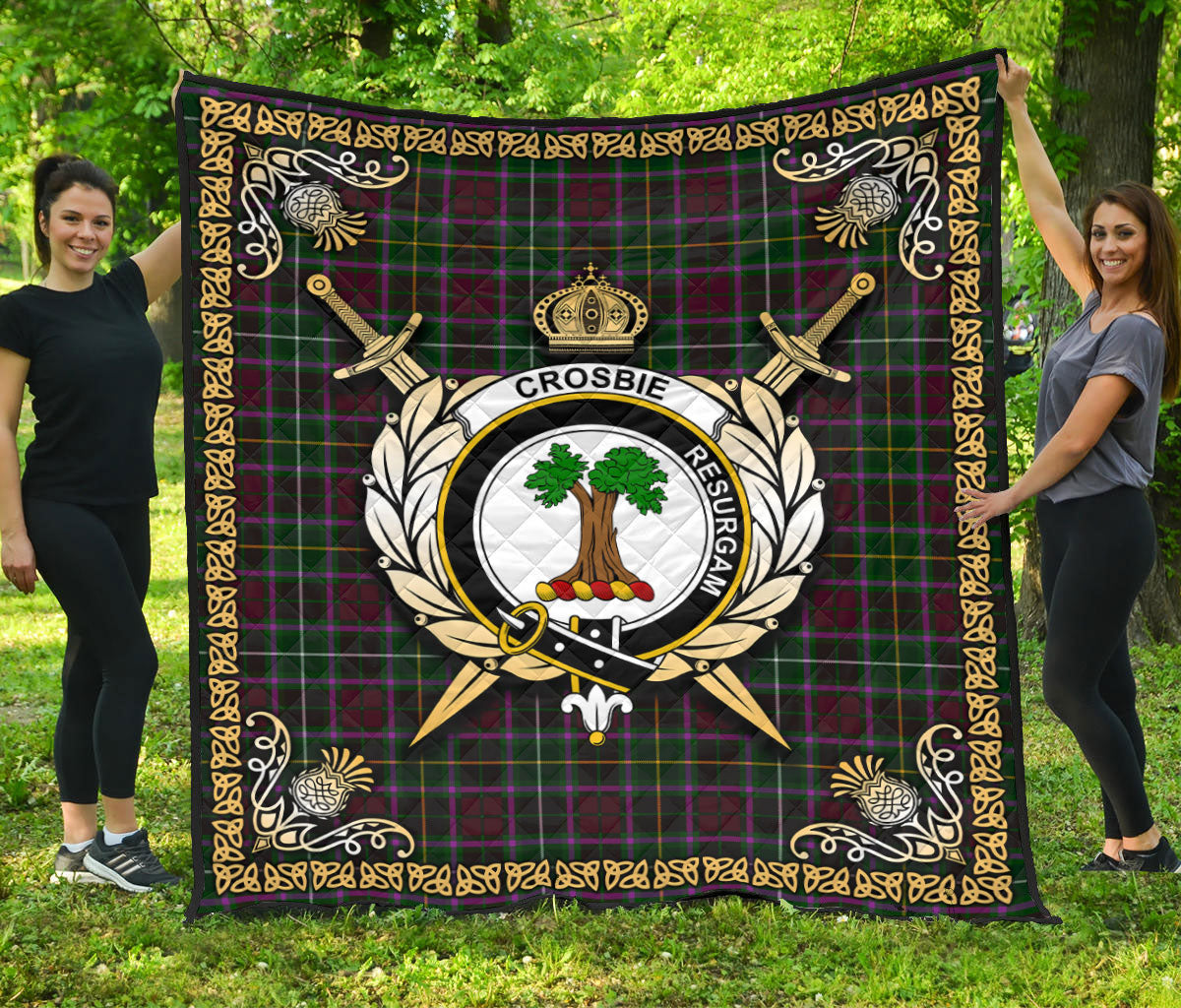 Crosbie (or Crosby) Tartan Crest Premium Quilt - Celtic Thistle Style
