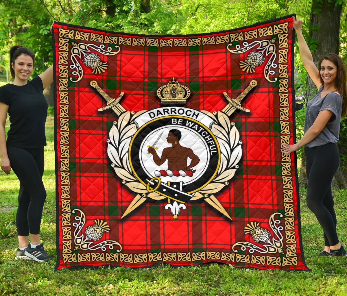Darroch (Gourock) Tartan Crest Premium Quilt - Celtic Thistle Style