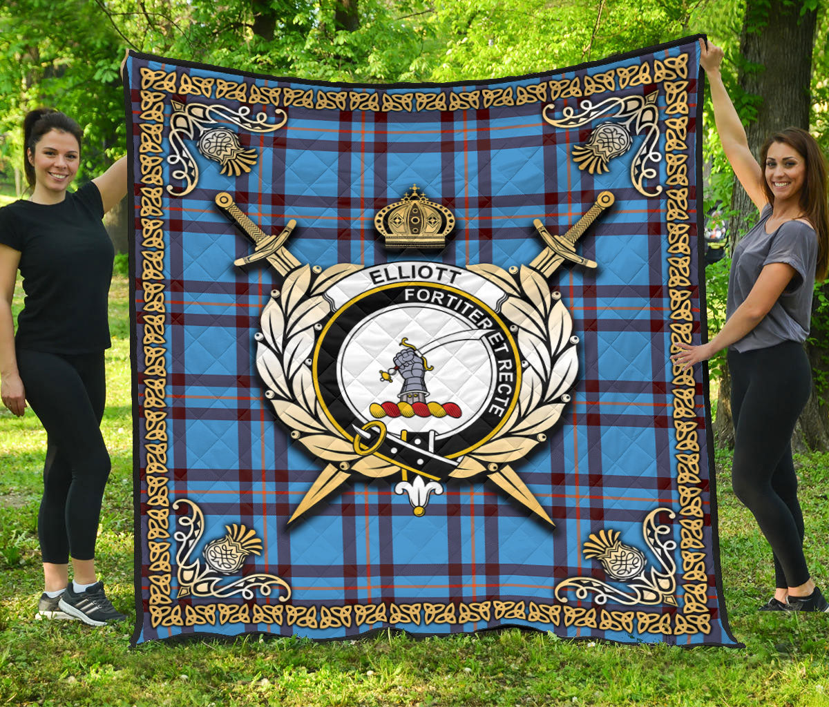 Elliott Ancient Tartan Crest Premium Quilt - Celtic Thistle Style