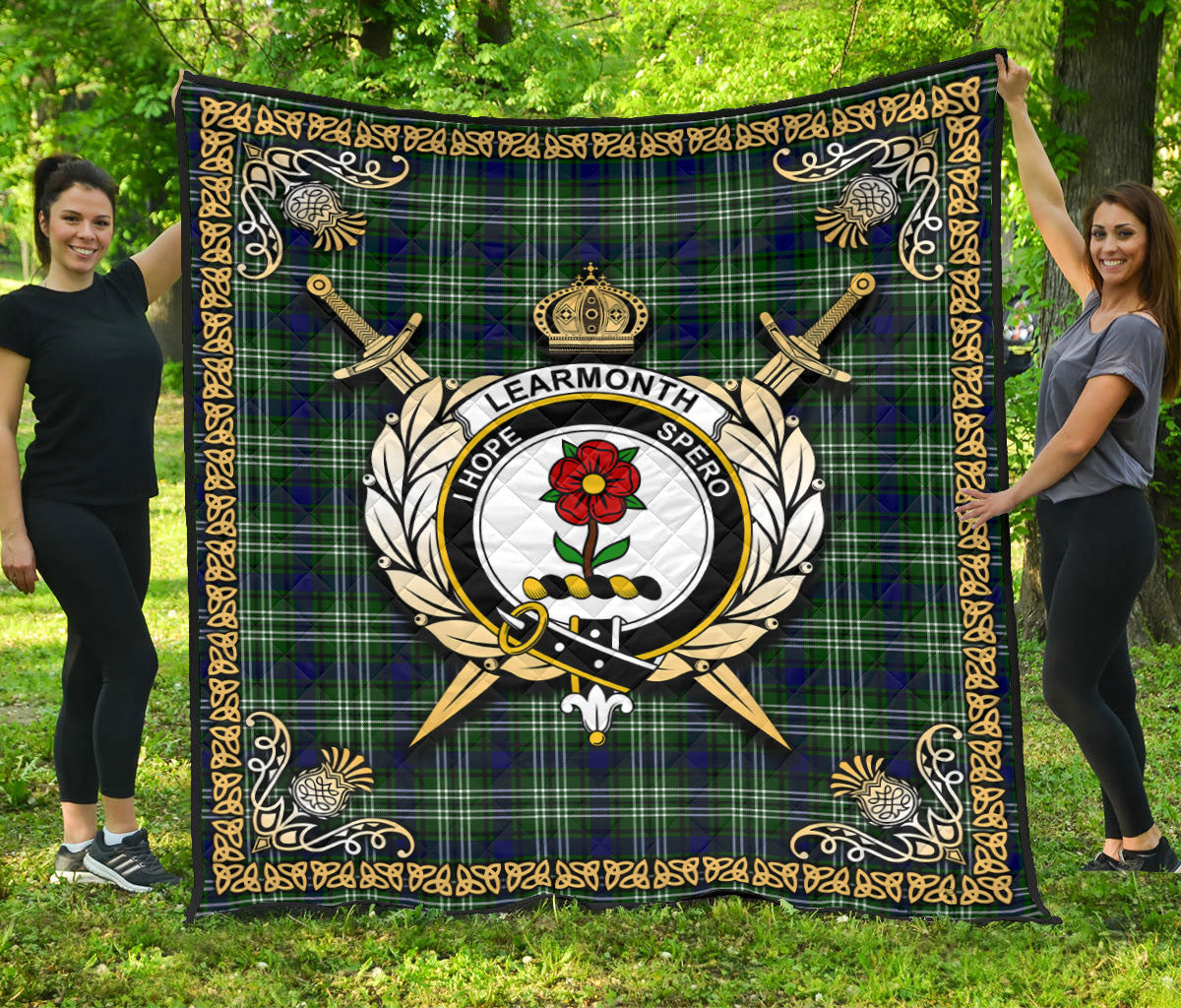 Learmonth Tartan Crest Premium Quilt - Celtic Thistle Style