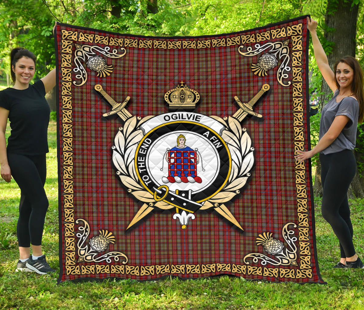 Ogilvie Tartan Crest Premium Quilt - Celtic Thistle Style