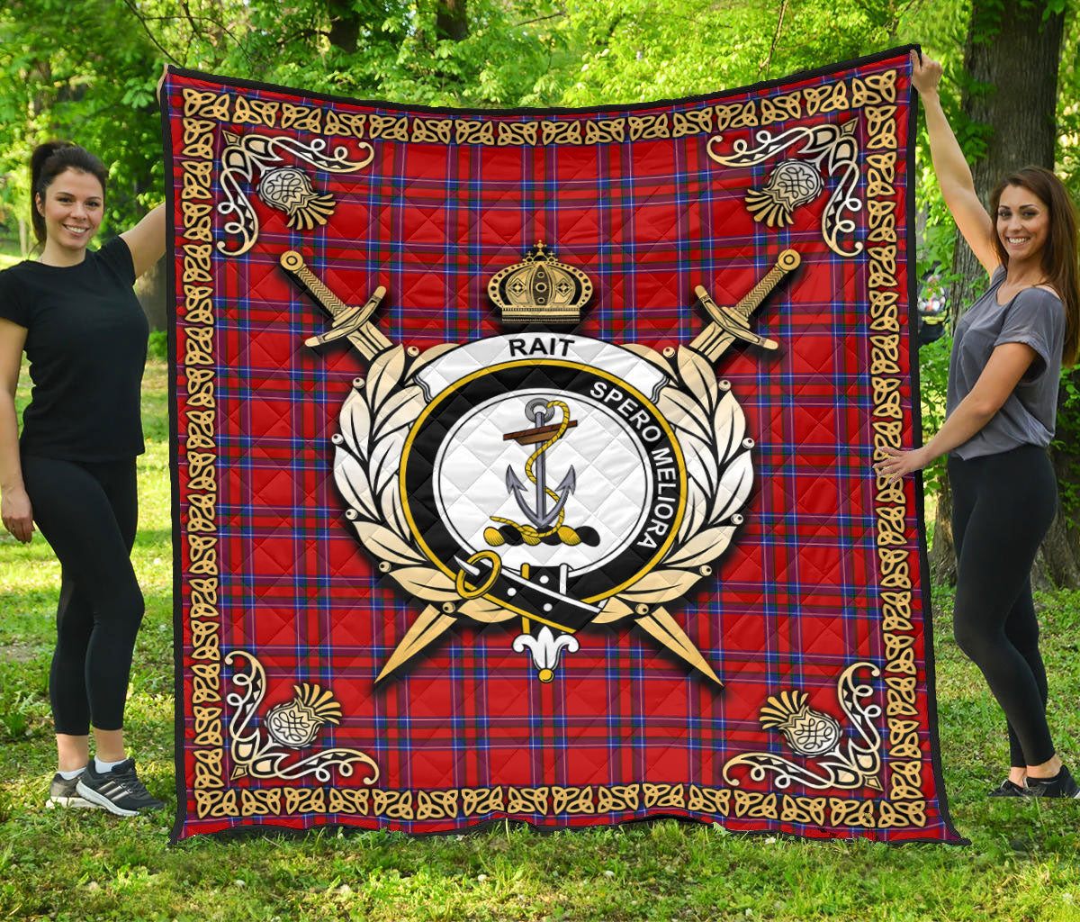Rait Tartan Crest Premium Quilt - Celtic Thistle Style