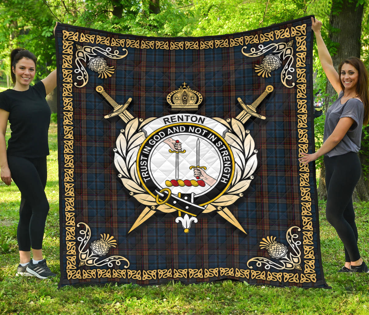 Renton Tartan Crest Premium Quilt - Celtic Thistle Style