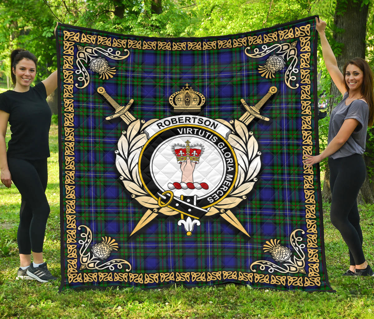 Robertson Hunting Modern Tartan Crest Premium Quilt - Celtic Thistle Style