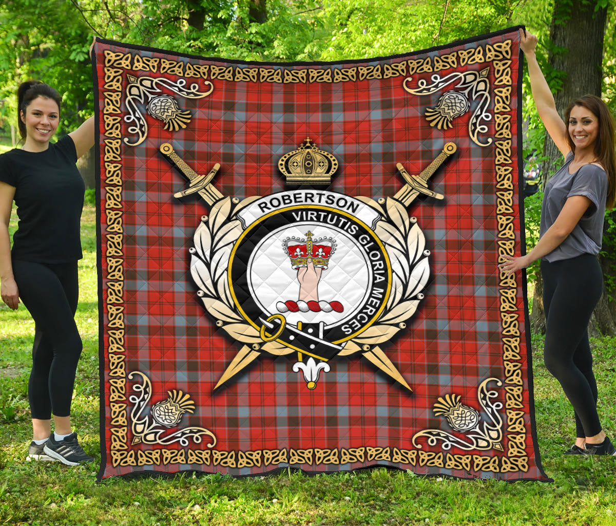 Robertson Weathered Tartan Crest Premium Quilt - Celtic Thistle Style