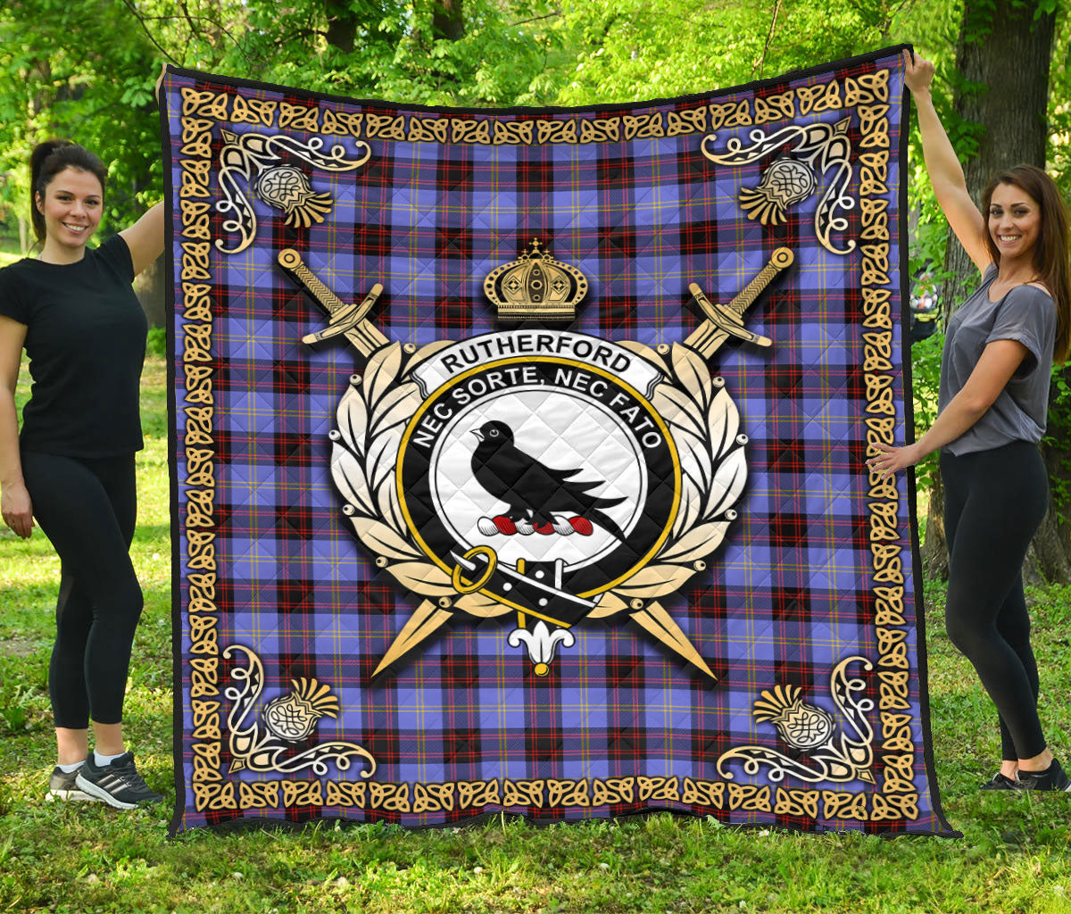 Rutherford Tartan Crest Premium Quilt - Celtic Thistle Style