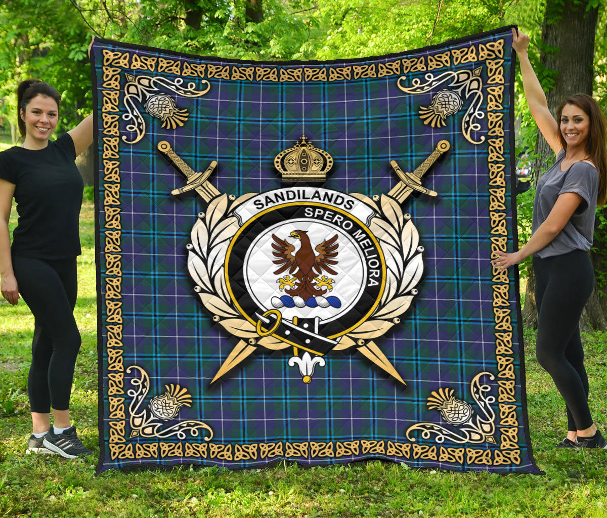 Sandilands Tartan Crest Premium Quilt - Celtic Thistle Style