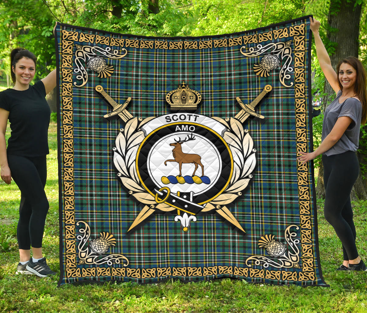 Scott Green Ancient Tartan Crest Premium Quilt - Celtic Thistle Style