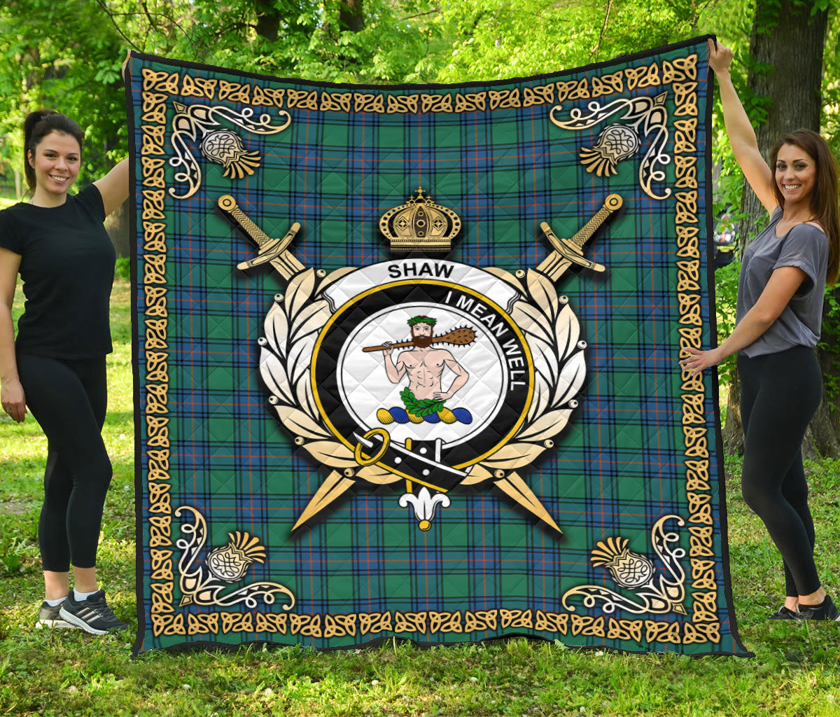 Shaw (of Sauchie) Tartan Crest Premium Quilt - Celtic Thistle Style