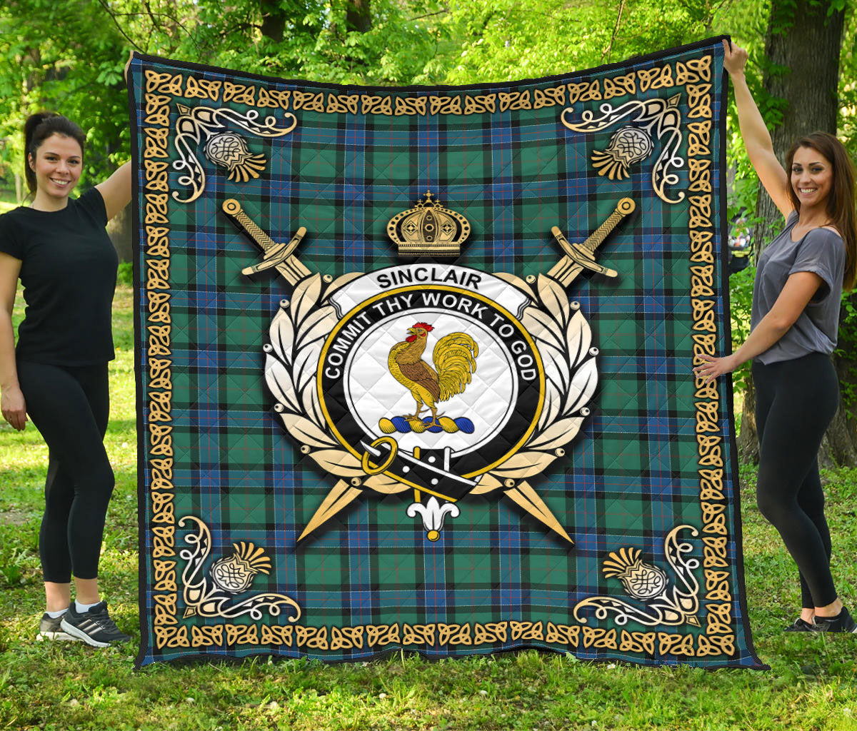 Sinclair Hunting Ancient Tartan Crest Premium Quilt - Celtic Thistle Style