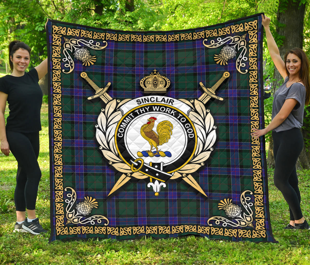 Sinclair Hunting Modern Tartan Crest Premium Quilt - Celtic Thistle Style