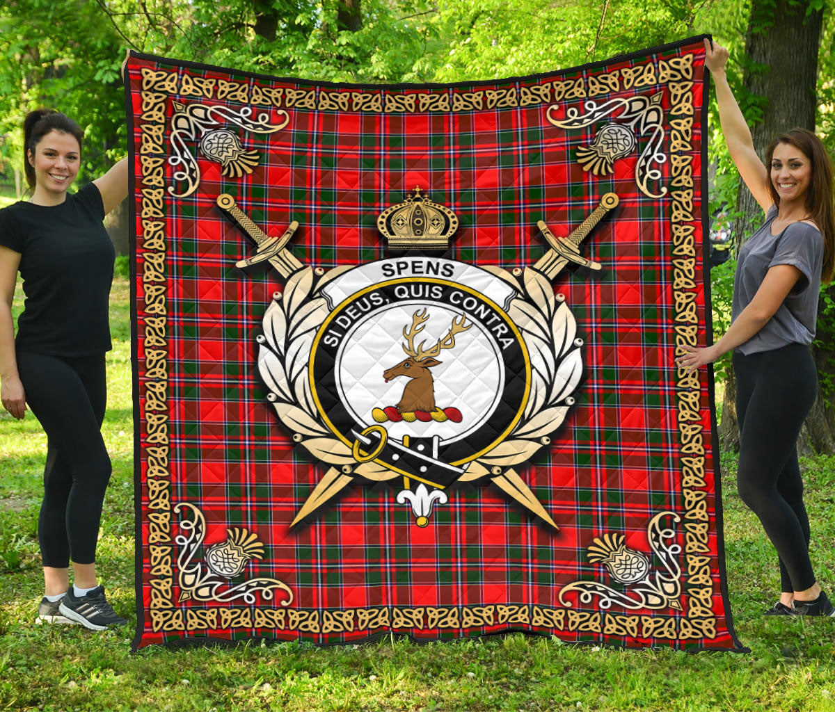 Spens (or Spence) Tartan Crest Premium Quilt - Celtic Thistle Style