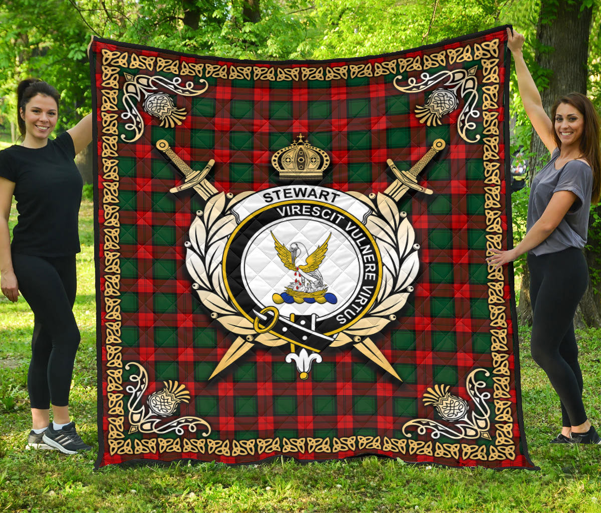 Stewart Atholl Modern Tartan Crest Premium Quilt - Celtic Thistle Style