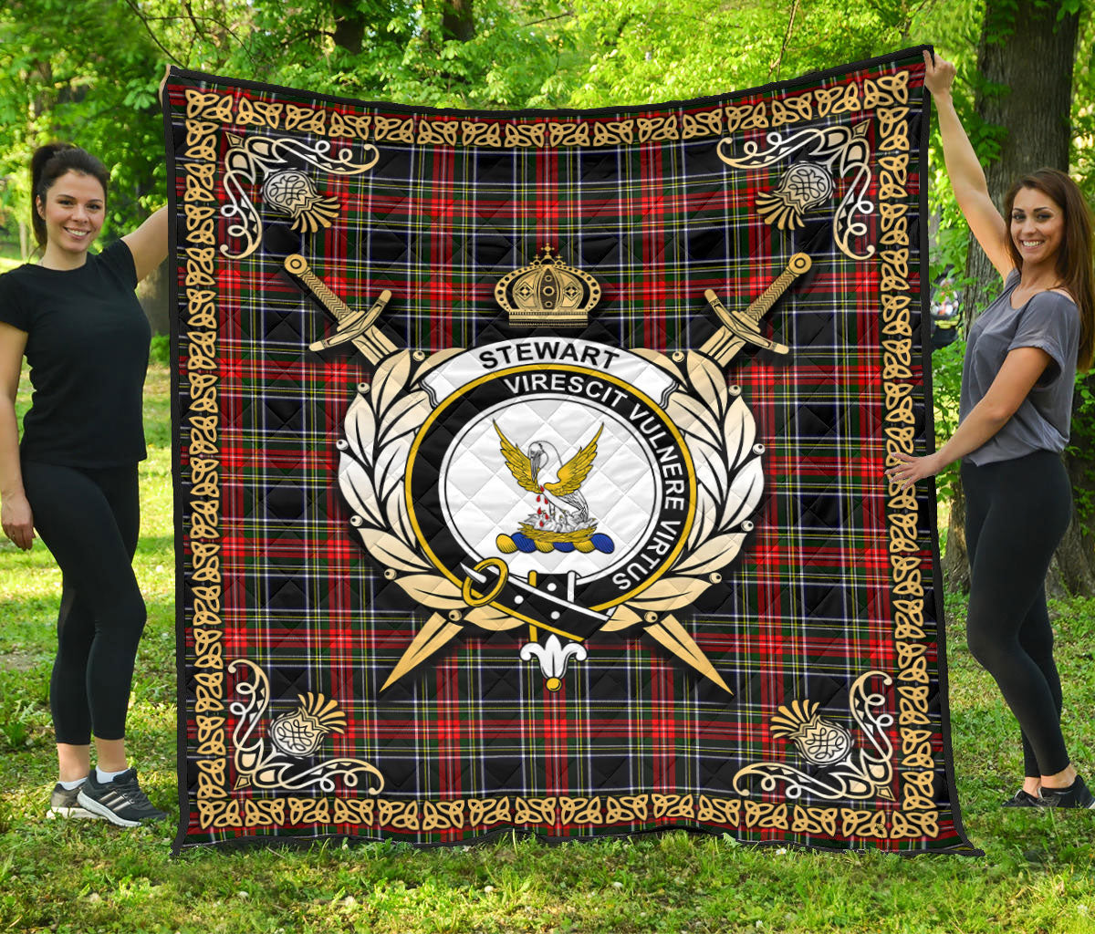 Stewart Black Tartan Crest Premium Quilt - Celtic Thistle Style