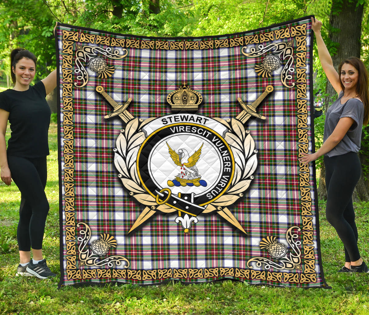 Stewart Dress Modern Tartan Crest Premium Quilt - Celtic Thistle Style