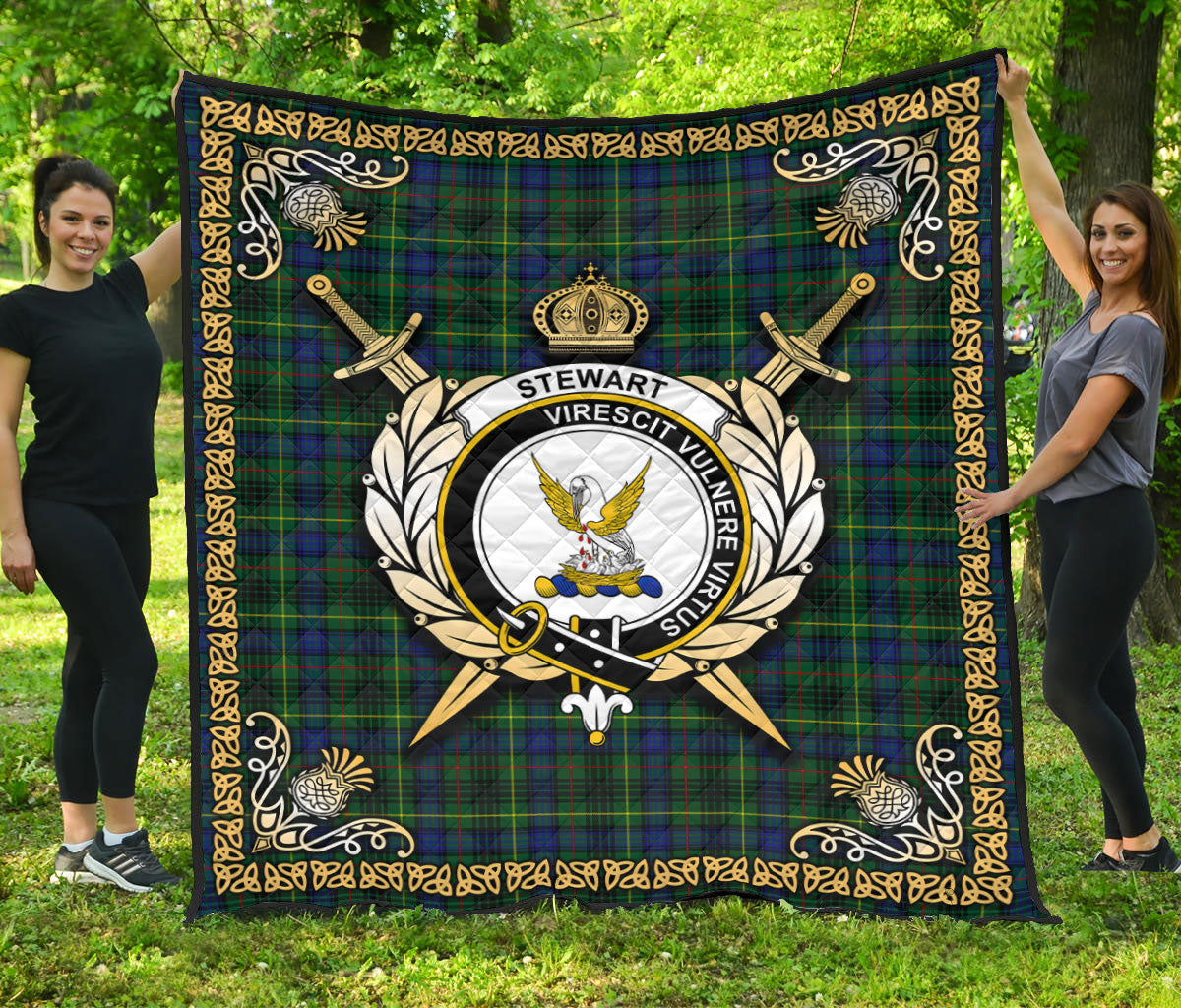 Stewart Hunting Modern Tartan Crest Premium Quilt - Celtic Thistle Style