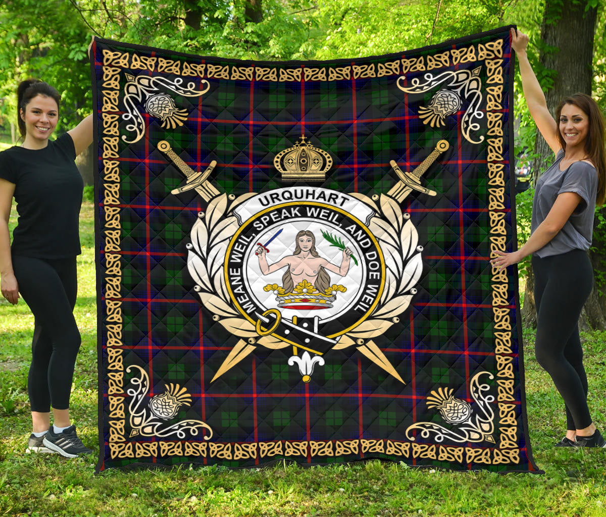 Urquhart Modern Tartan Crest Premium Quilt - Celtic Thistle Style