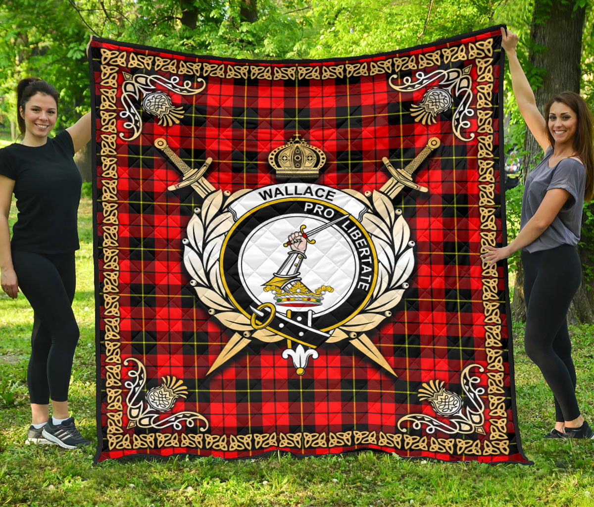 Wallace Hunting Red Tartan Crest Premium Quilt - Celtic Thistle Style