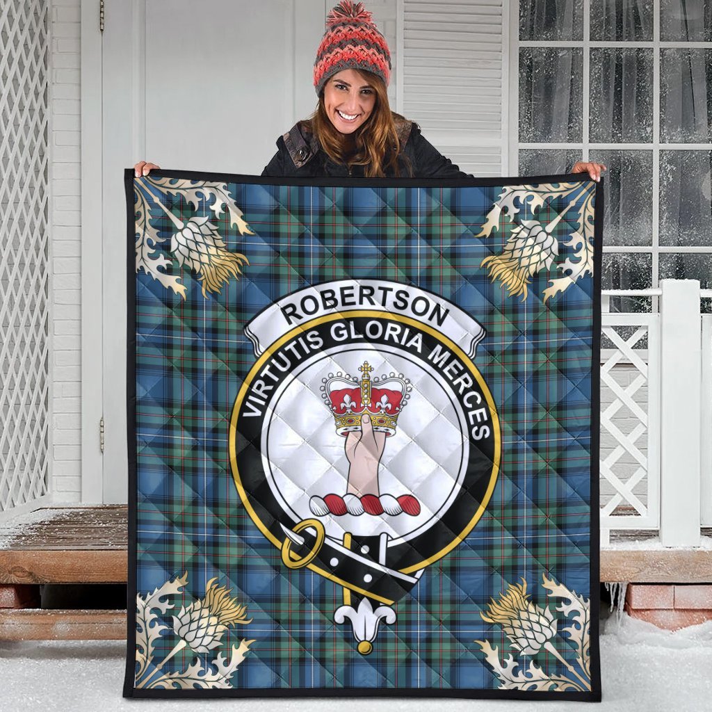 Robertson Hunting Ancient Tartan Crest Premium Quilt - Gold Thistle Style