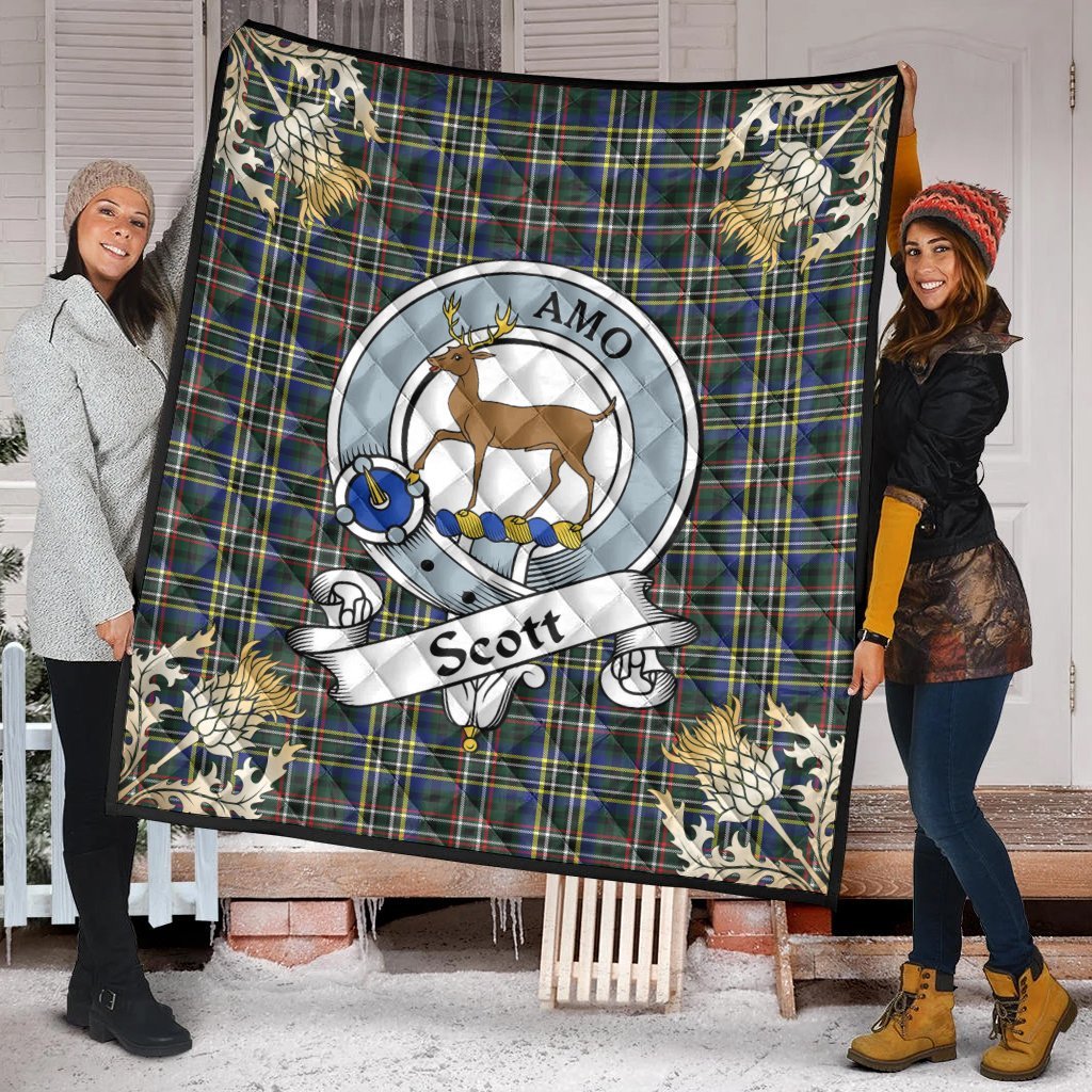 Scott Green Modern Tartan Crest Premium Quilt - Gold Thistle Style