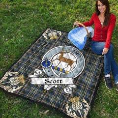 Scott Green Modern Tartan Crest Premium Quilt - Gold Thistle Style