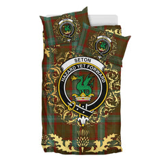Seton Hunting Tartan Crest Bedding Set - Golden Thistle Style