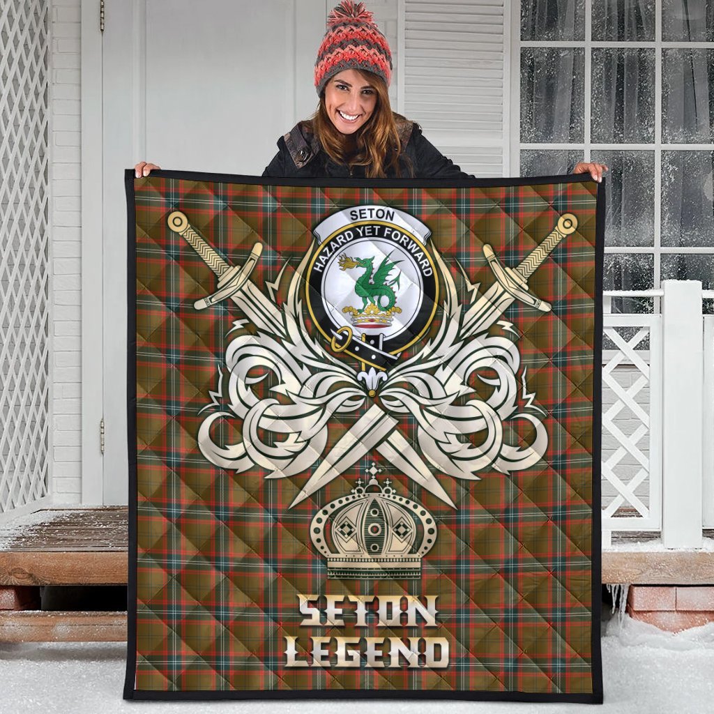 Seton Hunting Modern Tartan Crest Legend Gold Royal Premium Quilt