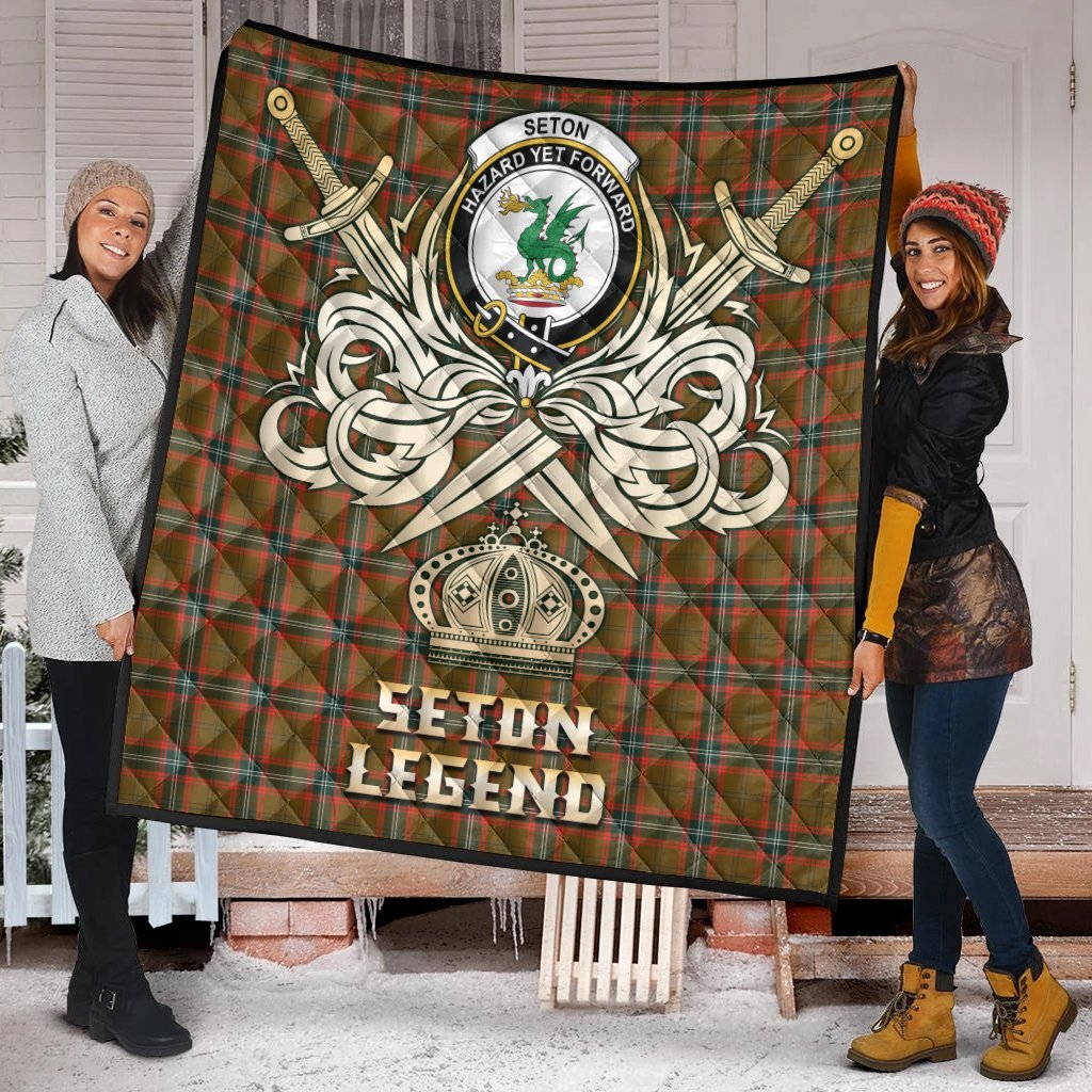 Seton Hunting Modern Tartan Crest Legend Gold Royal Premium Quilt