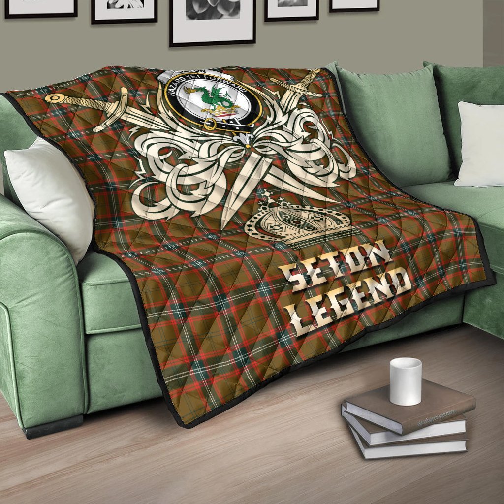Seton Hunting Modern Tartan Crest Legend Gold Royal Premium Quilt