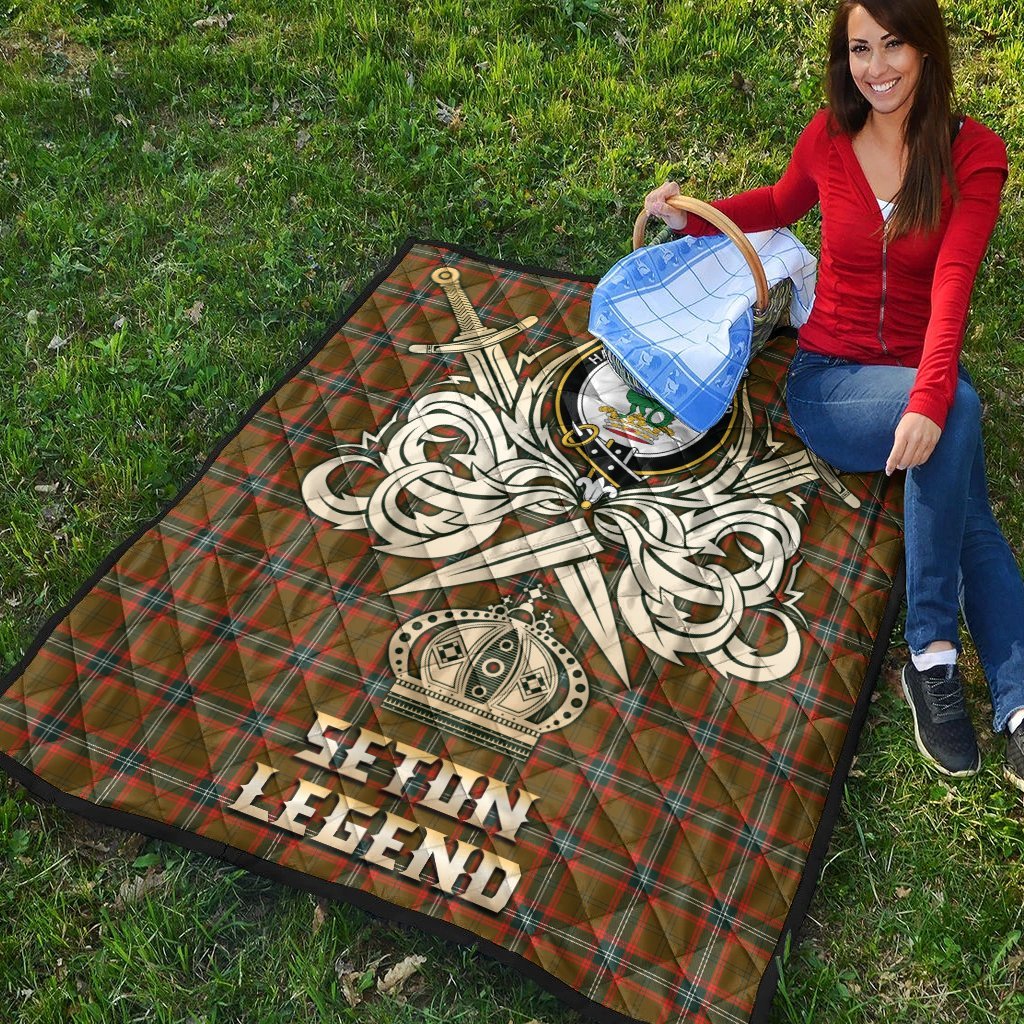 Seton Hunting Modern Tartan Crest Legend Gold Royal Premium Quilt