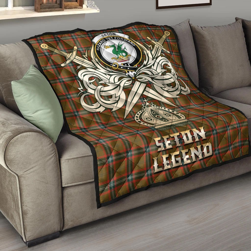 Seton Hunting Modern Tartan Crest Legend Gold Royal Premium Quilt