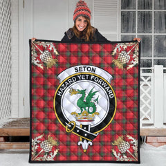 Seton Modern Tartan Crest Premium Quilt - Gold Thistle Style
