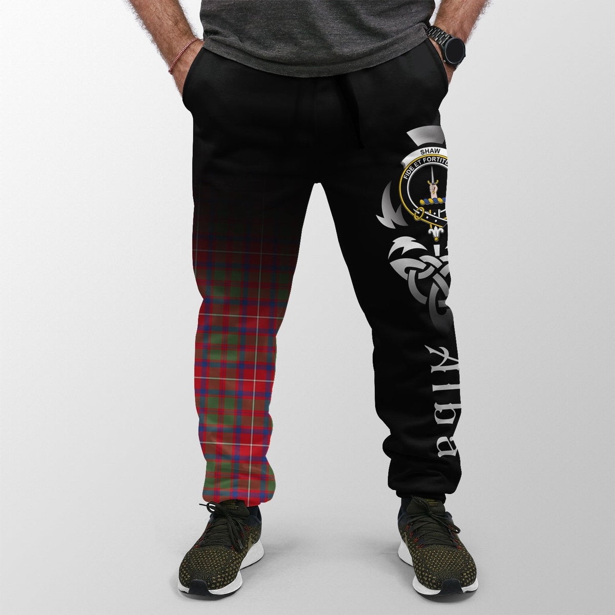 Shaw Red Modern Tartan Crest Jogger Sweatpants - Alba Celtic Style