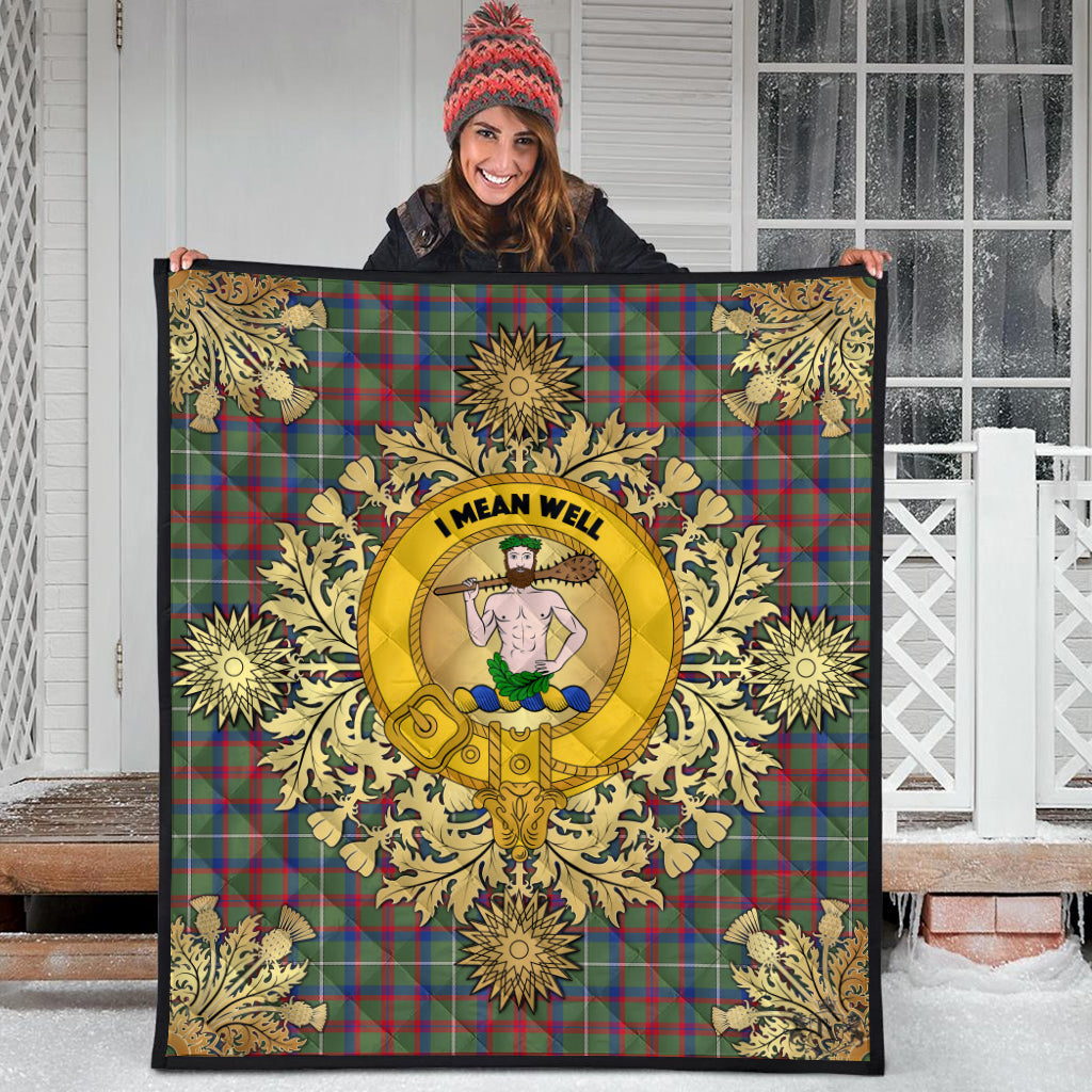 Shaw Green Modern Tartan Crest Premium Quilt - Gold Thistle Style