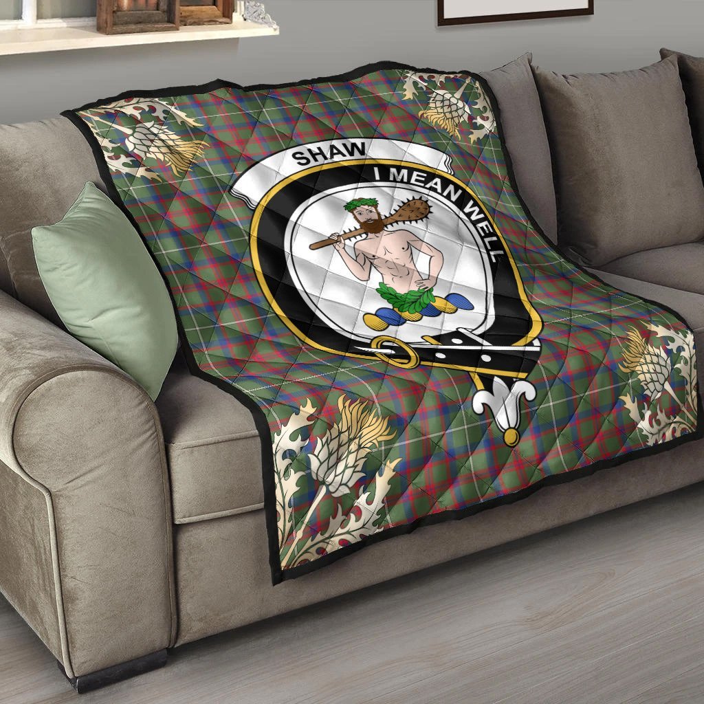Shaw Green Modern Tartan Crest Premium Quilt - Gold Thistle Style
