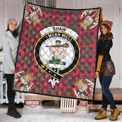 Shaw Red Modern Tartan Crest Premium Quilt - Gold Thistle Style