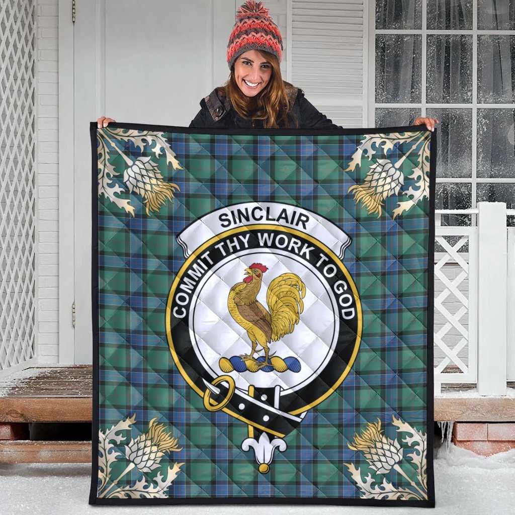 Sinclair Hunting Ancient Tartan Crest Premium Quilt - Gold Thistle Style