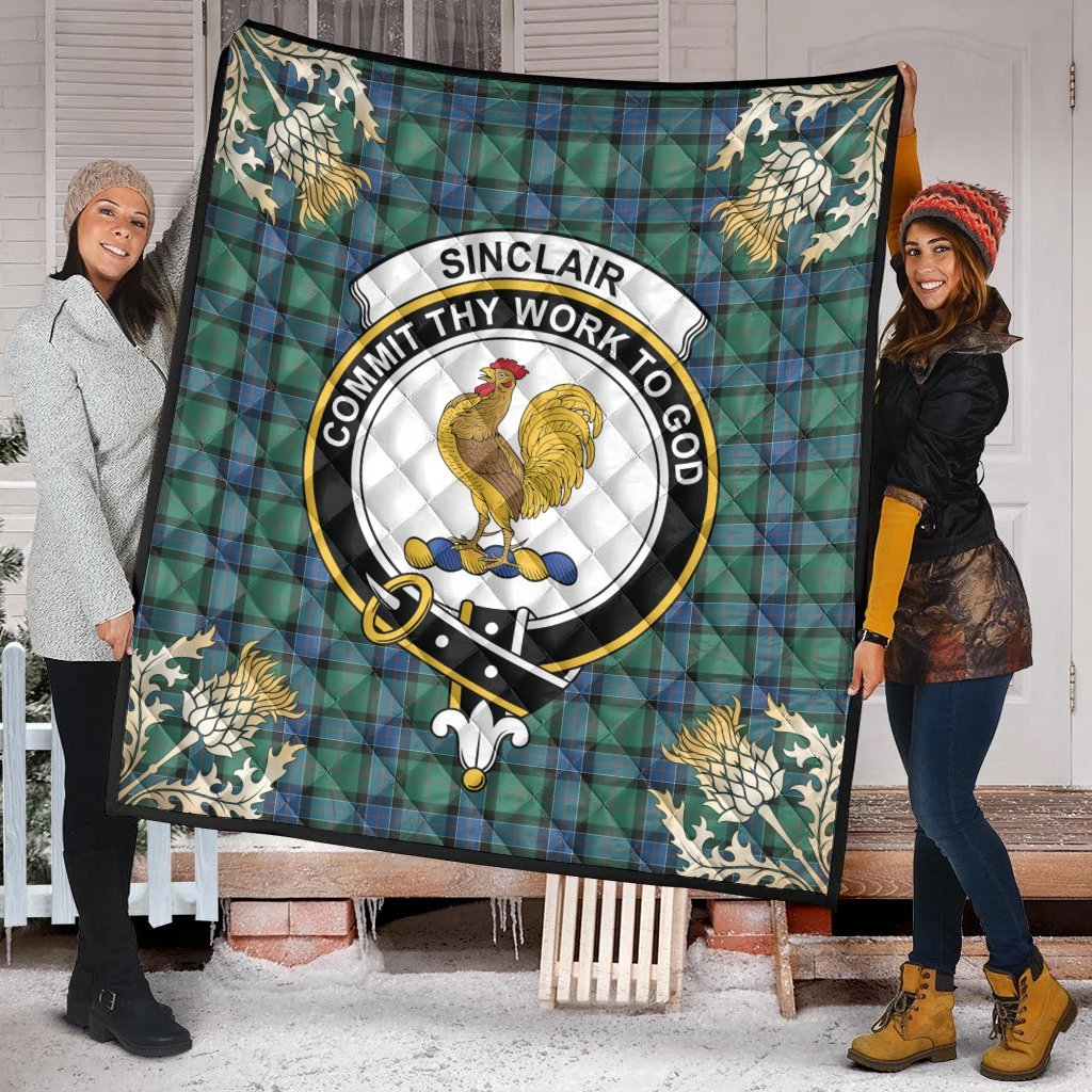 Sinclair Hunting Ancient Tartan Crest Premium Quilt - Gold Thistle Style