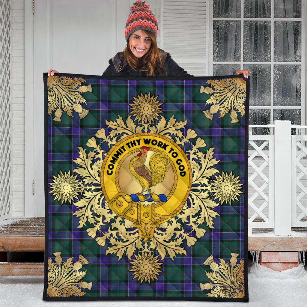 Sinclair Hunting Modern Tartan Crest Premium Quilt - Gold Thistle Style