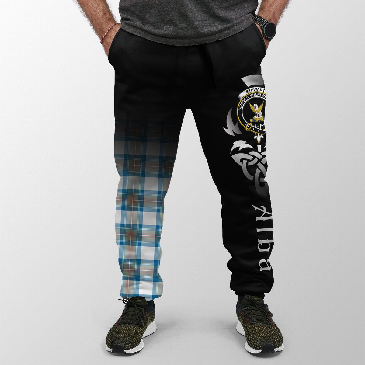 Stewart Muted Blue Tartan Crest Jogger Sweatpants - Alba Celtic Style