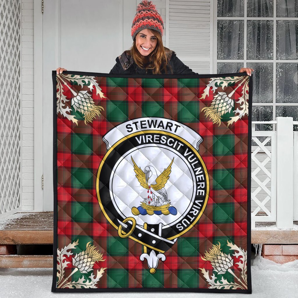 Stewart Atholl Modern Tartan Crest Premium Quilt - Gold Thistle Style