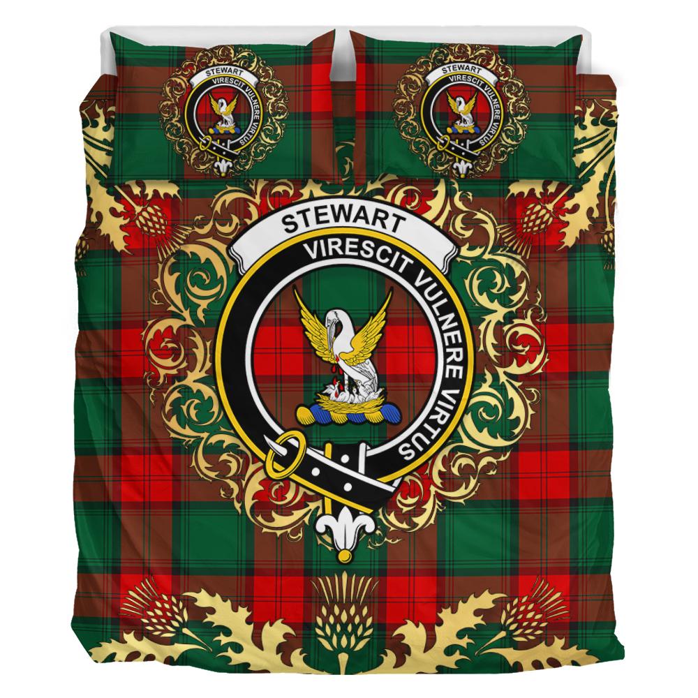 Stewart Atholl Modern Tartan Crest Bedding Set - Golden Thistle Style