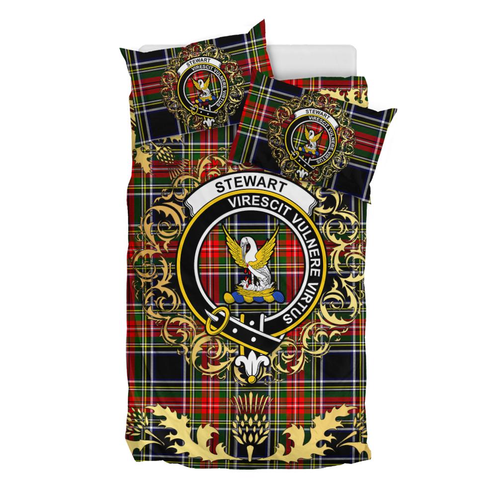 Stewart Black 01 Tartan Crest Bedding Set - Golden Thistle Style