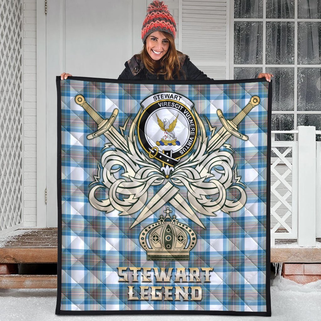 Stewart Muted Blue Tartan Crest Legend Gold Royal Premium Quilt